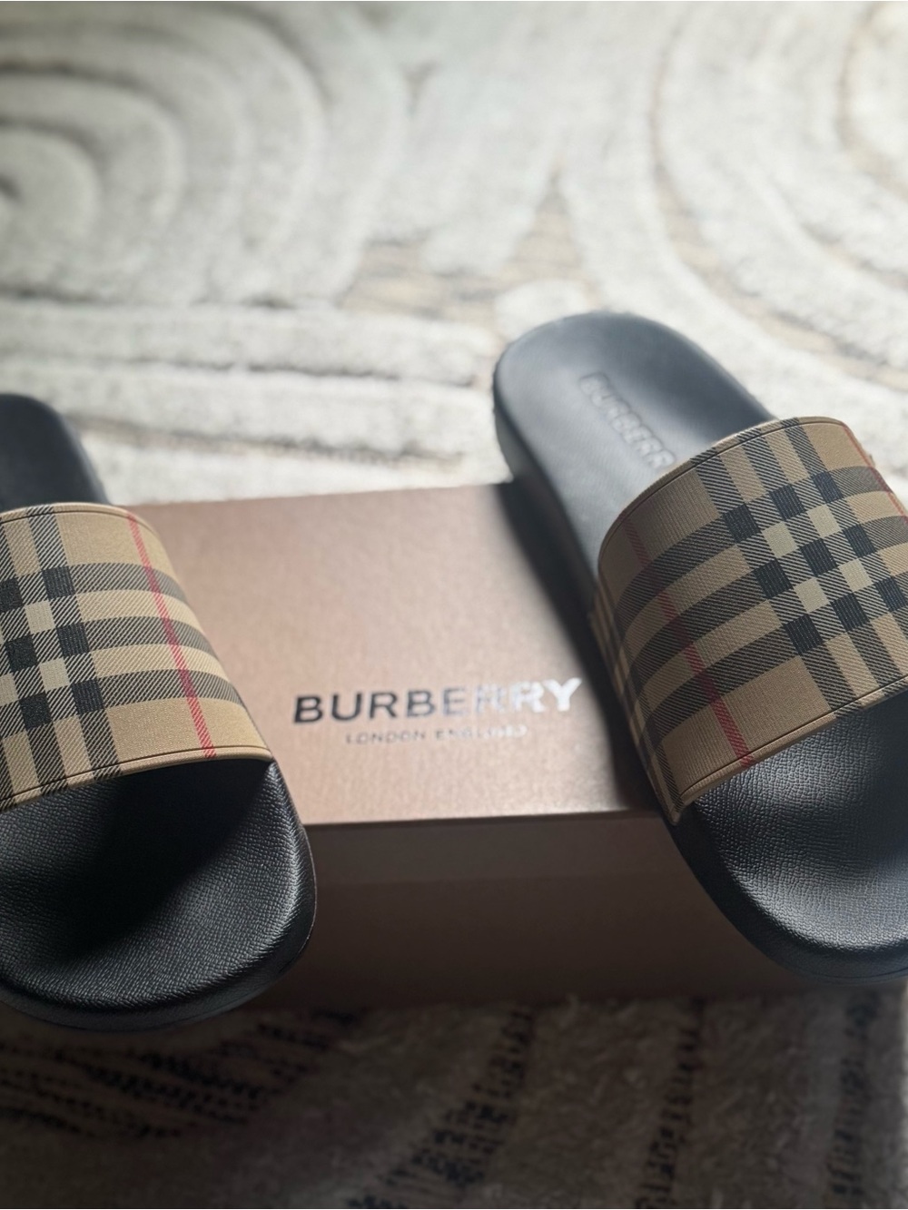 Burberry Check Slide Sandals in Classic Beige and Black - Picture 6 of 7